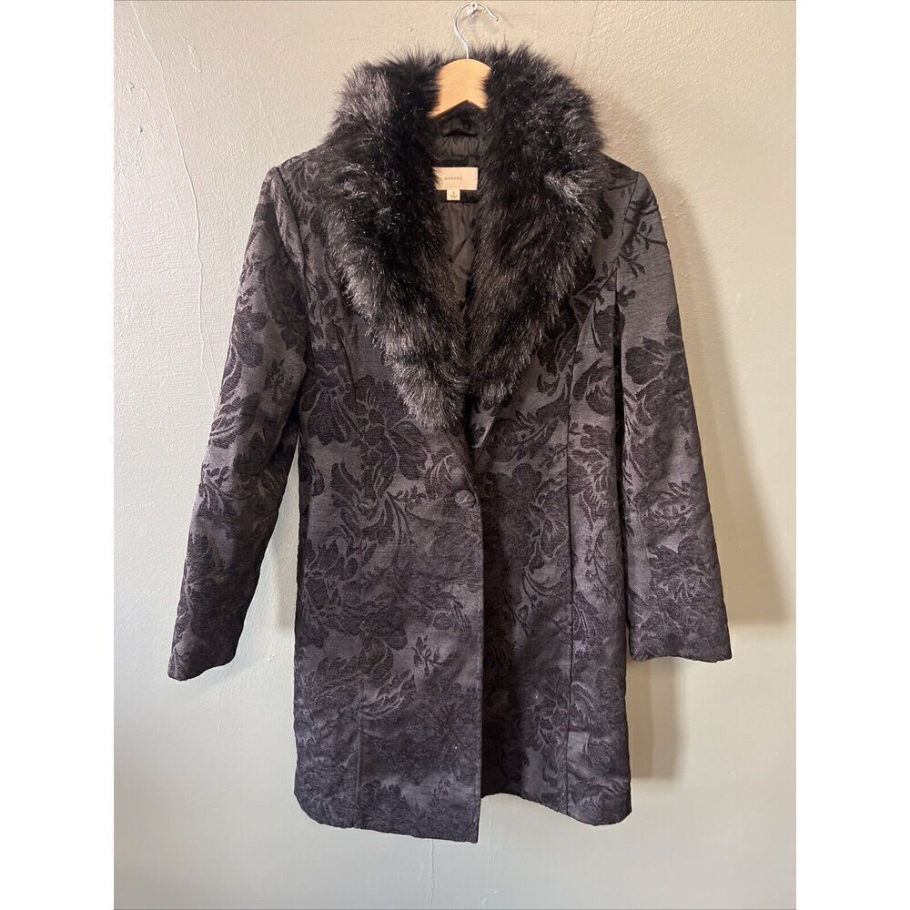 Jacquard Tapestry Winter Dress Coat Damask Floral Optional Faux-Fur Collar S